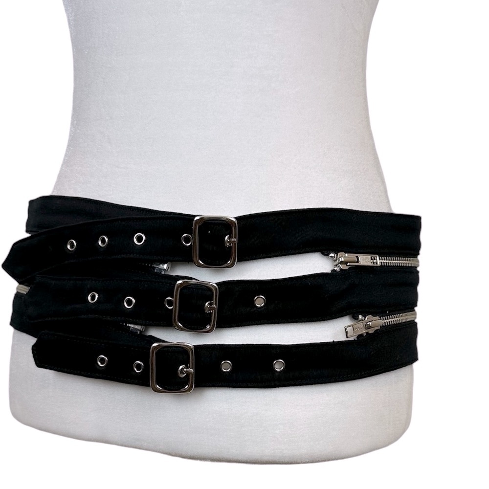 Wide Black Goth Double Zipper 3 Buckle Belt Size 33” - 38”